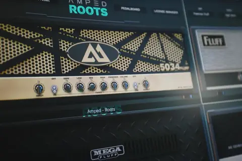 Close-up of a digital guitar amp interface, featuring the "Amped Roots" software. Controls for gain, EQ, and volume are visible.