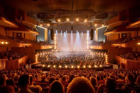 Orkiestra symfoniczna gra na scenie podczas krakowskiego festiwalu muzycznego. Widownia wypełnia salę koncertową, a światła tworzą magiczną atmosferę.