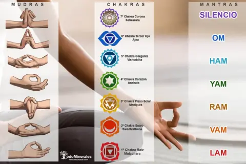Ilustraciones de mudras, chakras y mantras en español. Guía para la meditación y el equilibrio energético.