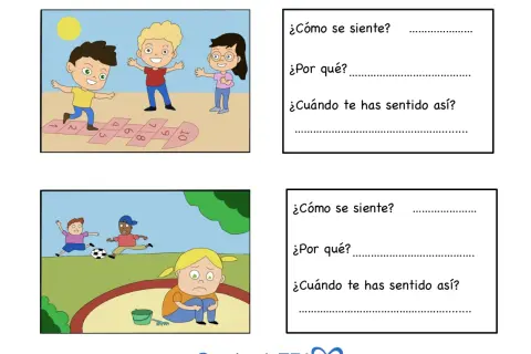Actividad para trabajar la empatía: niños jugando y uno triste. Preguntas para reflexionar sobre sentimientos.