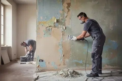 Operai al lavoro per rimuovere vecchi strati di pittura e preparare il muro per un nuovo intonaco rasato.
