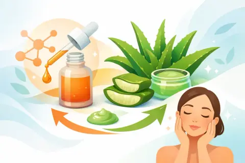 Aloe Vera Öl für das Gesicht: Frische Aloe Vera, ein Tropfen Öl und eine Frau genießen reine Hautpflege.