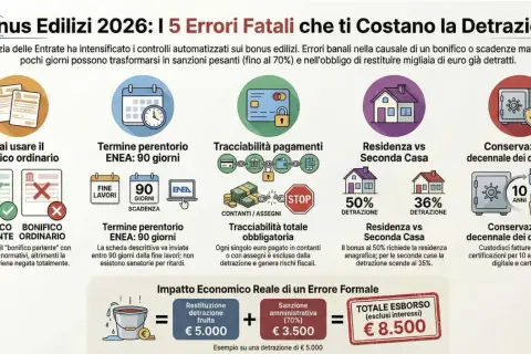Errori comuni sui bonus edilizi: bonifico parlante, scadenze ENEA, tracciabilità pagamenti, residenza e conservazione documenti per un condominio residenziale.