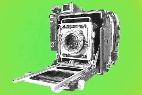Sketch of a vintage Graflex Speed Graphic camera, ready to capture history.