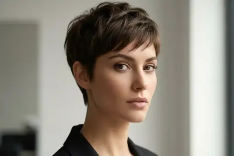 Kobieta z brązowymi włosami w fryzurze pixie cut, która podkreśla jej rysy. Idealna dla odważnych i pewnych siebie.
