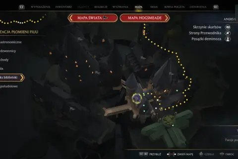 Mapa Hogwartu w grze Hogwarts Legacy, gdzie szukasz Kluczy Dedala. Widoczne są lokacje Płomieni Fiuu i Aneks biblioteki.