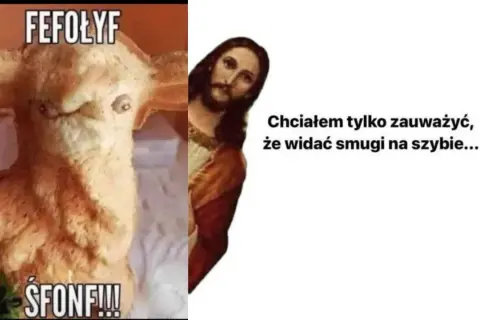 Wesoło memy wielkanoc: Jezus wychyla się zza obrazka, by zauważyć, że widać smugi na szybie, a obok baranek z chleba z napisem "ŚFONF!!!".