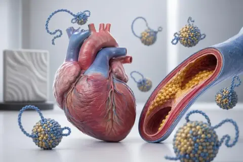 Serce i przekrój tętnicy z cholesterolem. Wokół unoszą się cząsteczki lipoproteiny Lp(a), które mogą przyczyniać się do chorób serca.