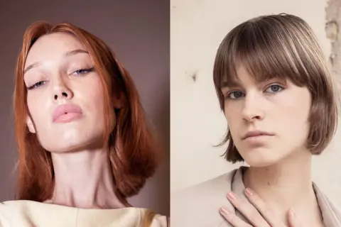 Due modelle con caschetto al mento: una con capelli rossi e trucco audace, l'altra con capelli castani e look naturale.