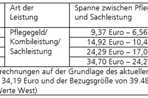 Tabelle zeigt Pflegegrade und Leistungen. Für Pflegegrad 2 gibt es 9,37-6,56 Euro. Die Frage nach wieviel Rentenpunkte bei Pflegegrad 2 wird hier nicht direkt beantwortet.