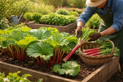 Gärtner erntet frische Rhabarberpflanzen im Hochbeet. Die roten Stiele und grünen Blätter sind bereit für die Küche.