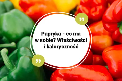 Kolorowe papryki, zielone, czerwone i żółte, z tekstem o ich właściwościach i kaloryczności. Niska papryka kcal.