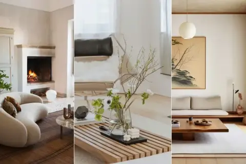 Tre olika rum som visar japansk inredningsstil: ett med öppen spis och mjuk soffa, ett med blommor i vas och en stol, samt ett med tatamimatta och lågt soffbord.
