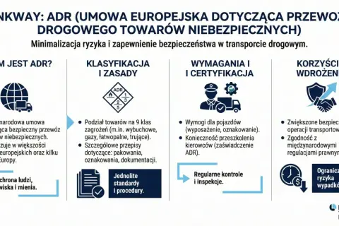 ADR to europejska umowa regulująca przewóz towarów niebezpiecznych. Zapewnia bezpieczeństwo, określa klasy zagrożeń, wymogi dla pojazdów i kierowców, a także korzyści z wdrożenia.