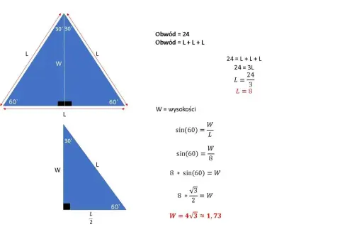 Obwód trójkąta równobocznego wzór: L=8, W=4√3. Pokazano obliczenia obwodu i wysokości.