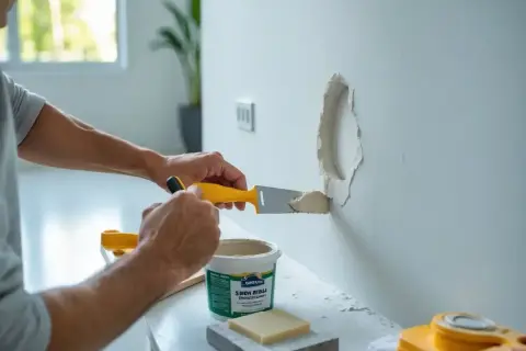 Person spacklar hål i väggen med en spackelspade och spackel.
