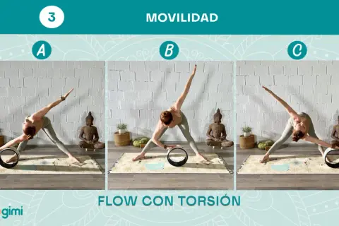 Secuencia de yoga con rueda para movilidad y torsión. Posturas A, B y C con una mujer en un estudio.