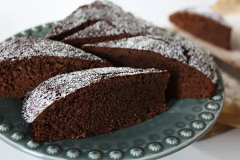 Skivor av saftig chokladkaka med kakao, pudrade med florsocker, ligger på en vacker gråblå tallrik.