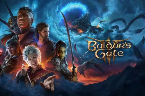 Postacie z Baldur's Gate 3 na tle burzliwego nieba. Zastanawiasz się nad baldur's gate 3 cena?