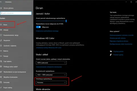 Ustawienia ekranu w Windows, gdzie można zmienić orientację wyświetlacza z poziomej na pionową.