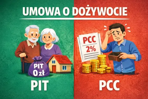 Umowa dożywocia: z jednej strony starsze małżeństwo z domem i workiem "PIT 0 zł", z drugiej młody człowiek z pustym portfelem i stosem monet, symbolizującym PCC 2%.