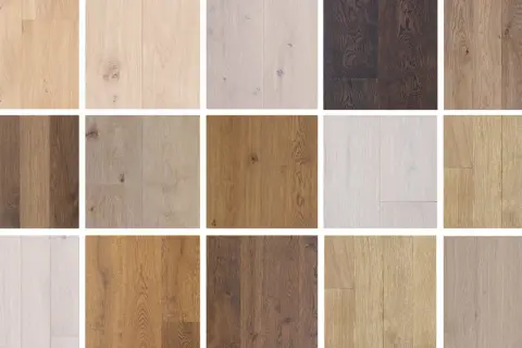 Variedad de tablones de madera de roble en distintos tonos, desde claros hasta oscuros, mostrando la belleza natural del color roble madera.