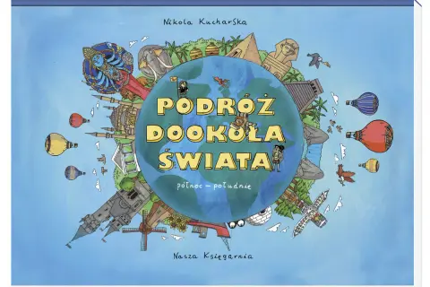 Ilustracja przedstawia planetę Ziemię otoczoną symbolami z różnych zakątków świata, sugerując podróżowanie po świecie.
