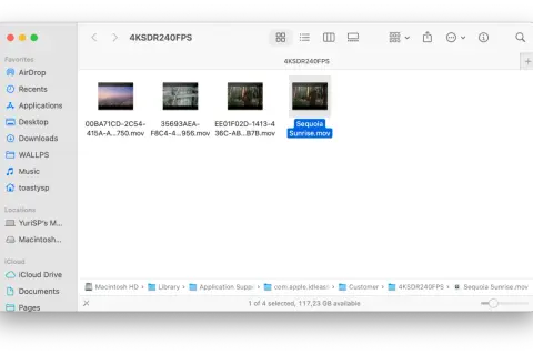 Widok folderu z plikami wideo, w tym "Sequoia Sunrise.mov". Możesz tu znaleźć inspirację, jak zmienić tapetę na laptopie.