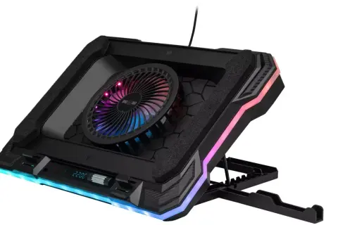 Czarna podkładka pod laptopa z wentylatorem i kolorowym podświetleniem RGB. Idealna do chłodzenia sprzętu podczas grania.