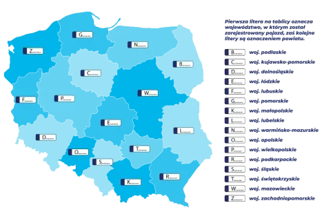 Mapa Polski z literami oznaczającymi tablice rejestracyjne województwa. Każda litera odpowiada konkretnemu województwu, np. Z to zachodniopomorskie.