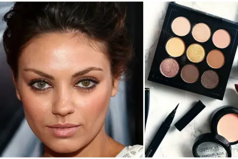Idealny makijaż do zielonych oczu: brązowe i złote cienie podkreślają tęczówki. Paleta z brązami i złotem, eyeliner i tusz.