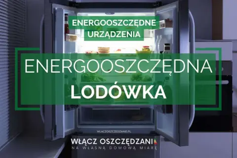 Otwarta, energooszczędna lodówka z jedzeniem i zielonym napisem "ENERGOOSZCZĘDNA LODÓWKA".