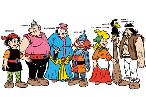 Postacie z komiksu Kajko i Kokosz: Kajko, Kokosz, Lubawa, Mirmil, Ciotka Jaga, Gdaś i Zbój Kamignat.