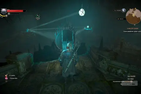Geralt stoi przed mechanizmem Słonecznego Kamienia w Wiedźminie 3, gotów do rozwiązania zagadki luster.