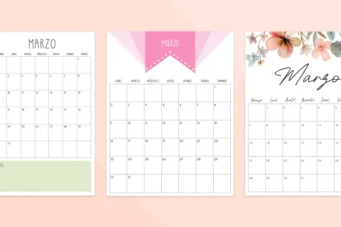 Tres diseños de calendario del mes de marzo, uno con diseño geométrico, otro con un lazo rosa y el último con flores.