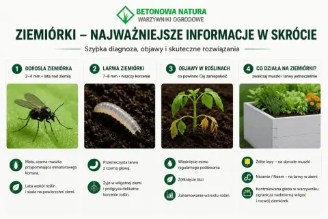 Dorosła ziemiórka i jej larwa w ziemi, objawy w roślinach i metody zwalczania szkodników w ogrodzie.