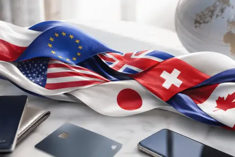 Flagi Polski, UE, USA, UK, Szwajcarii, Japonii i Kanady. Wybór konta walutowego zależy od potrzeb.