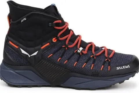 Czarne buty trekkingowe Salewa Dropline Mid z pomarańczowymi sznurówkami i akcentami. Idealne na górskie wędrówki.