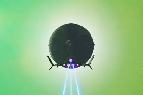 Ein Raumschiff fliegt auf eine riesige, dunkle Kugel zu, während im Hintergrund ein Planet und ein heller Stern leuchten. Ein typischer Anblick in No Man's Sky.