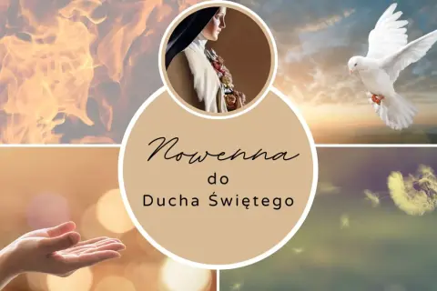 Płomienie, gołębica, dłoń wyciągnięta w geście modlitwy i dmuchawiec symbolizują Nowennę do Ducha Świętego.