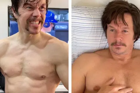 Mark Wahlberg w dwóch odsłonach: zacięty i muskularny, gotowy na wyzwanie, jak spalić 7000 kcal w jeden dzień, oraz zrelaksowany w łóżku.