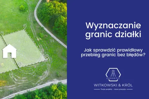 Wizualizacja wytyczenia granic działki z zaznaczonym domem i punktami pomiarowymi. Usługa geodezyjna.