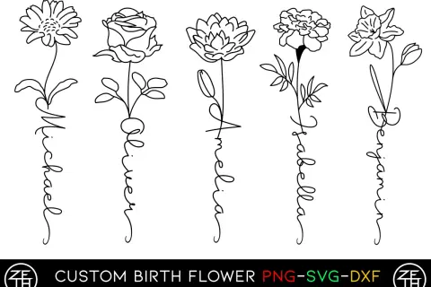 Fünf stilisierte Blumen mit Namen darunter: Michael, Oliver, Amelia, Isabella, Benjamin. Ein schönes Tattoo-Name-mit-Blume-Design.