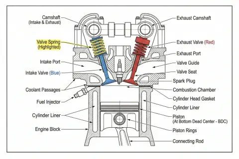 Detaljerad illustration av en motorcylinder med kolv, ventiler och kamaxel. En gulmarkerad ventilfjäder kan indikera problem med dålig kompression.