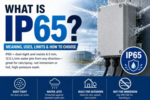Boîtier étanche IP65 sous jets d'eau. Comparez IP65 vs IP67 pour savoir si l'immersion est possible.