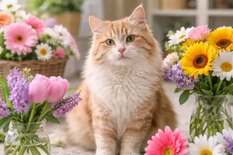 A fluffy orange cat sits amidst a colorful spring bouquet. While asters are not poisonous to cats, this feline friend seems more interested in the flowers than a snack.