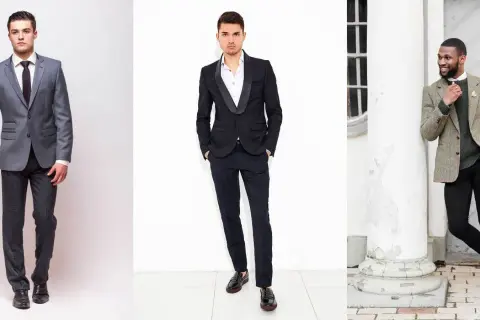 Trzech mężczyzn w eleganckich stylizacjach. Jeden w szarym garniturze, drugi w czarnym smokingu, a trzeci w tweedowej marynarce i czarnych spodniach. Brązowe buty do czarnych spodni wyglądają stylowo.