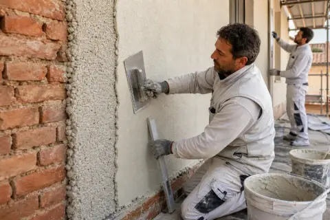 Un operaio intonaca un muro senza intonaco, mentre un collega lavora sullo sfondo. Lavori di ristrutturazione in corso.