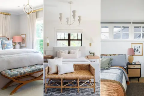 Three stylish bedrooms feature a bed against a window, each with unique decor.