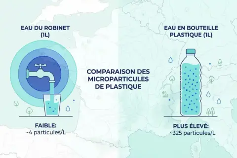 Comparaison de la composition eau du robinet et eau en bouteille. L'eau du robinet contient peu de microparticules, contrairement à l'eau en bouteille.
